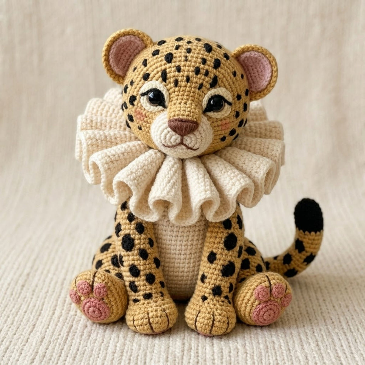 Crochet Leopard Cub Plush, Handmade Amigurumi Cheetah Doll with Ruffle Collar, Cute Safari Nursery Decor Gift for Kids Collectors Toy Decor