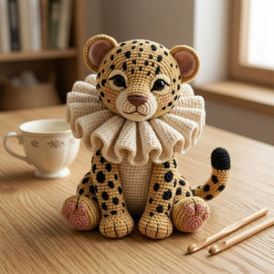 Crochet Leopard Cub Plush, Handmade Amigurumi Cheetah Doll with Ruffle Collar, Cute Safari Nursery Decor Gift for Kids Collectors Toy Decor