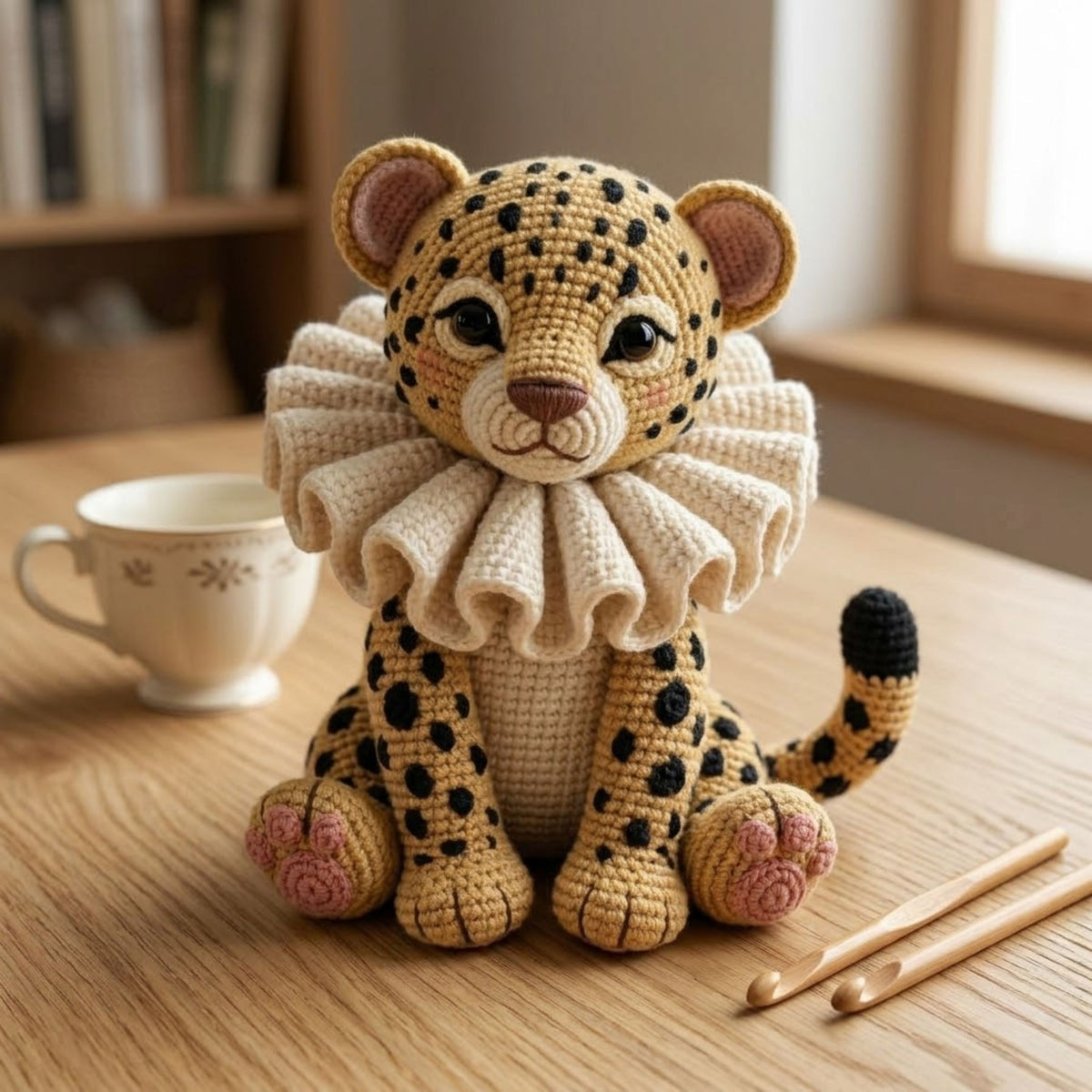 Crochet Leopard Cub Plush, Handmade Amigurumi Cheetah Doll with Ruffle Collar, Cute Safari Nursery Decor Gift for Kids Collectors Toy Decor