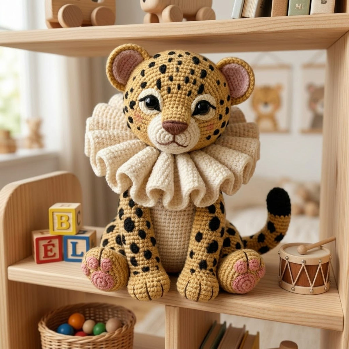 Crochet Leopard Cub Plush, Handmade Amigurumi Cheetah Doll with Ruffle Collar, Cute Safari Nursery Decor Gift for Kids Collectors Toy Decor