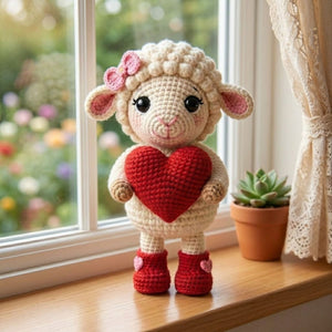 Crochet Valentine Lamb Plush, Handmade Amigurumi Sheep Doll with Red Heart Boots, Cute Nursery Decor Gift for Baby Kids Collectors Toy Decor