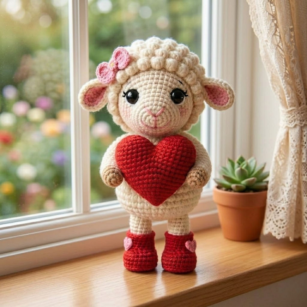 Crochet Valentine Lamb Plush, Handmade Amigurumi Sheep Doll with Red Heart Boots, Cute Nursery Decor Gift for Baby Kids Collectors Toy Decor
