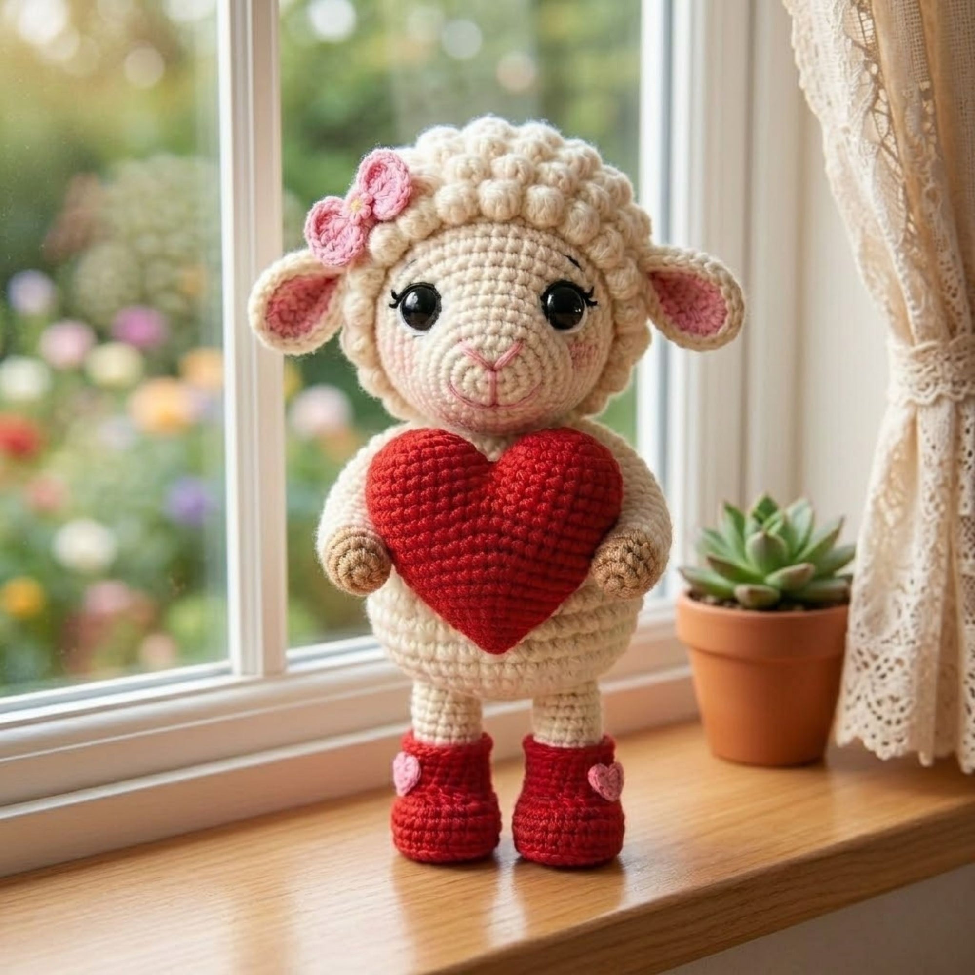 Crochet Valentine Lamb Plush, Handmade Amigurumi Sheep Doll with Red Heart Boots, Cute Nursery Decor Gift for Baby Kids Collectors Toy Decor