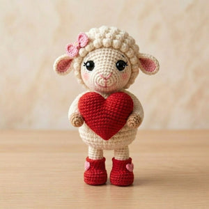 Crochet Valentine Lamb Plush, Handmade Amigurumi Sheep Doll with Red Heart Boots, Cute Nursery Decor Gift for Baby Kids Collectors Toy Decor