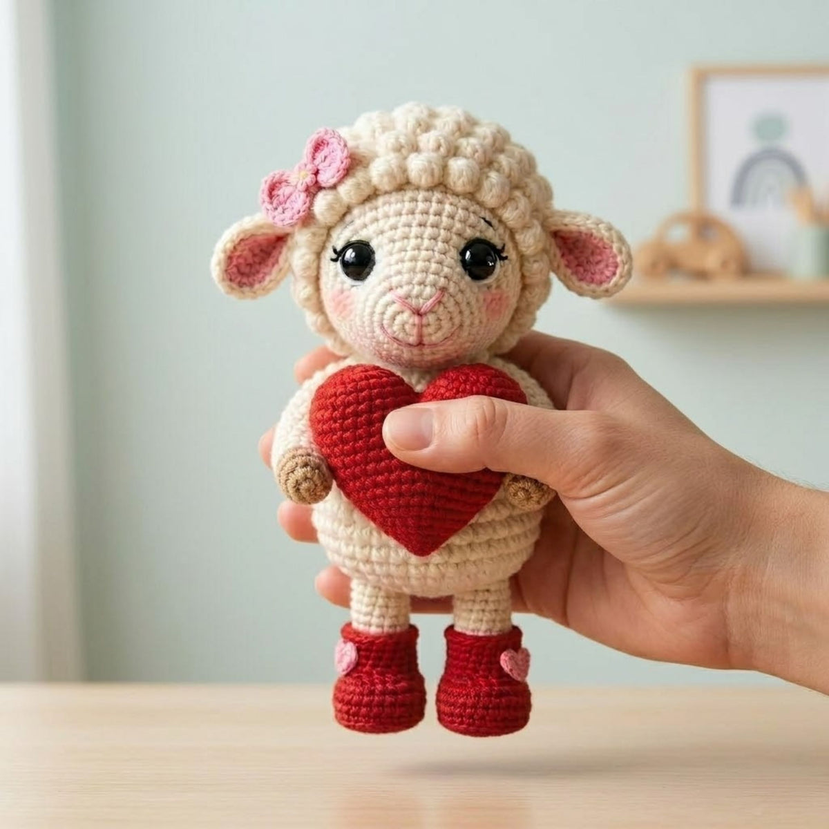 Crochet Valentine Lamb Plush, Handmade Amigurumi Sheep Doll with Red Heart Boots, Cute Nursery Decor Gift for Baby Kids Collectors Toy Decor