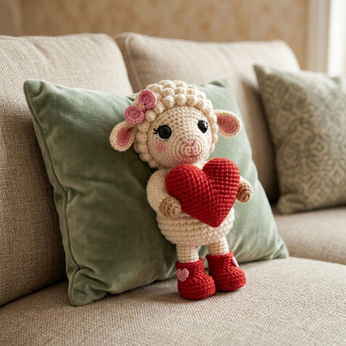 Crochet Valentine Lamb Plush, Handmade Amigurumi Sheep Doll with Red Heart Boots, Cute Nursery Decor Gift for Baby Kids Collectors Toy Decor