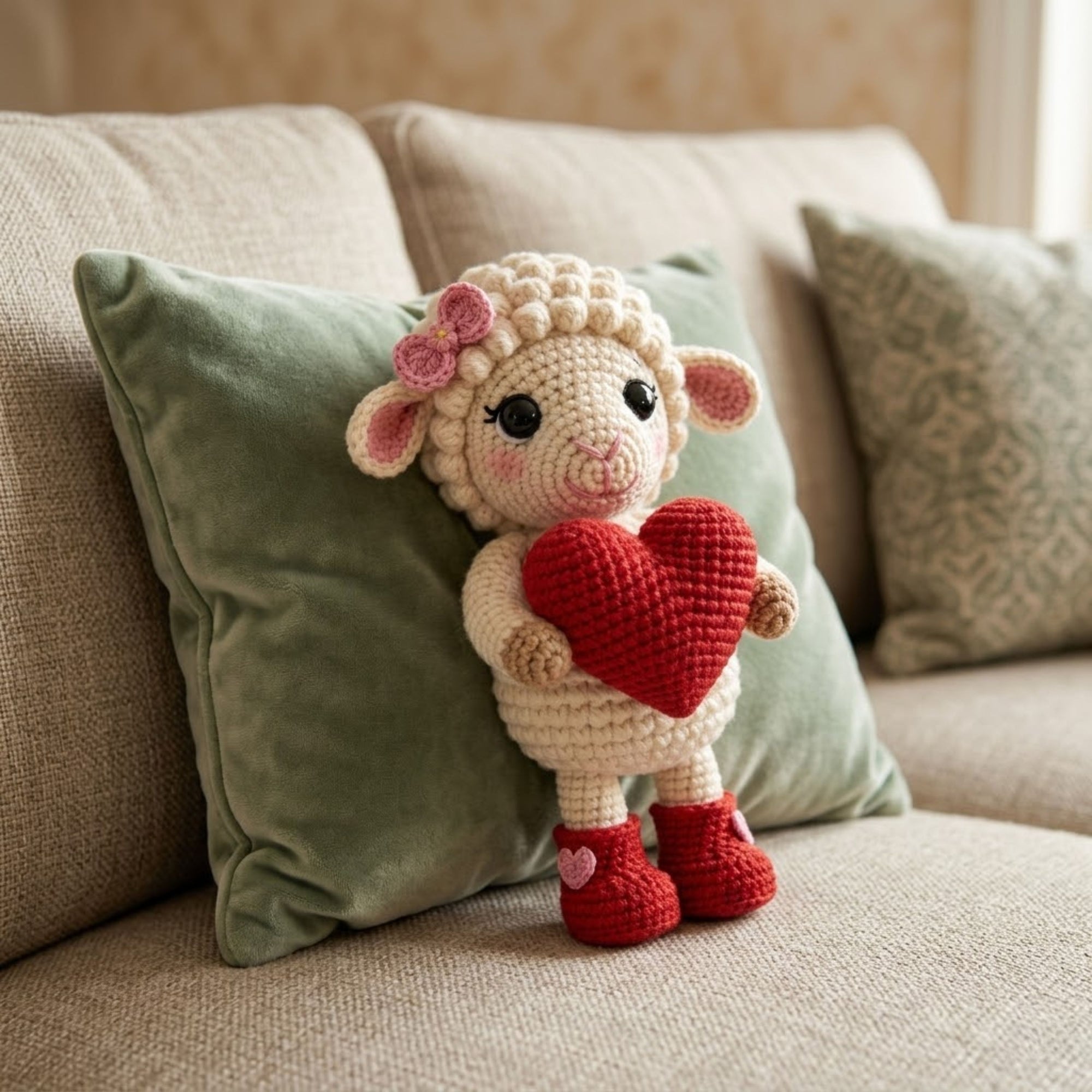 Crochet Valentine Lamb Plush, Handmade Amigurumi Sheep Doll with Red Heart Boots, Cute Nursery Decor Gift for Baby Kids Collectors Toy Decor