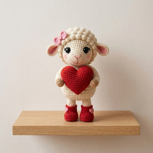 Crochet Valentine Lamb Plush, Handmade Amigurumi Sheep Doll with Red Heart Boots, Cute Nursery Decor Gift for Baby Kids Collectors Toy Decor