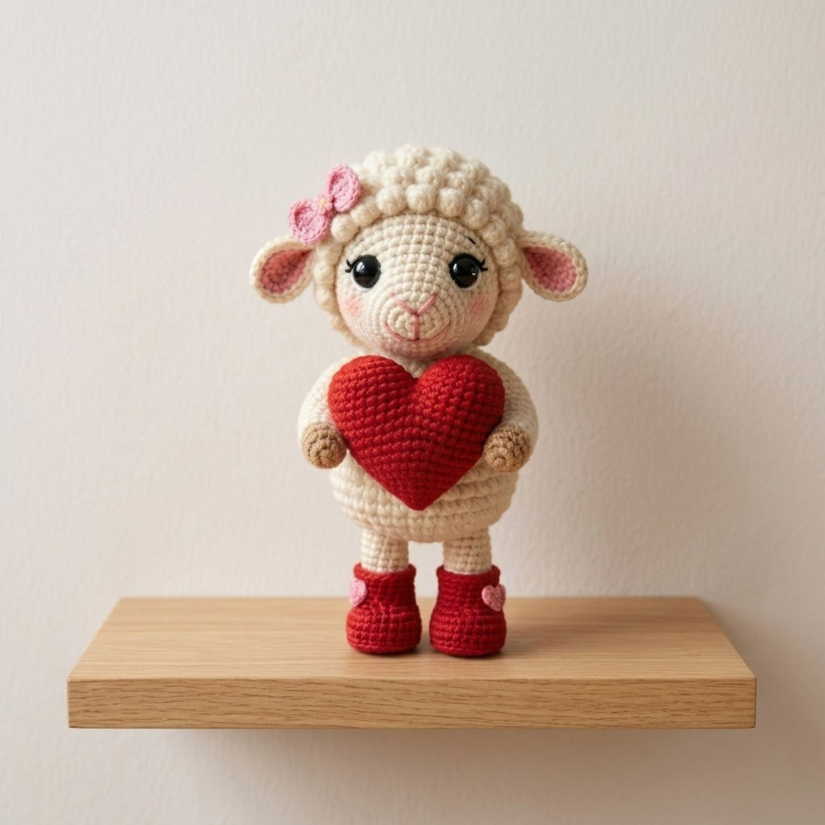 Crochet Valentine Lamb Plush, Handmade Amigurumi Sheep Doll with Red Heart Boots, Cute Nursery Decor Gift for Baby Kids Collectors Toy Decor