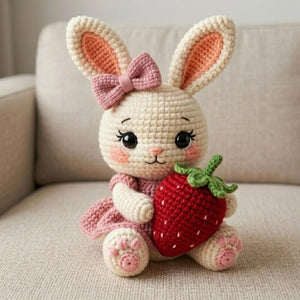 Crochet Strawberry Bunny Plush Handmade Amigurumi Rabbit Doll with Pink Bow and Berry, Cute Nursery Decor Gift for Baby Kids Collectors Toys