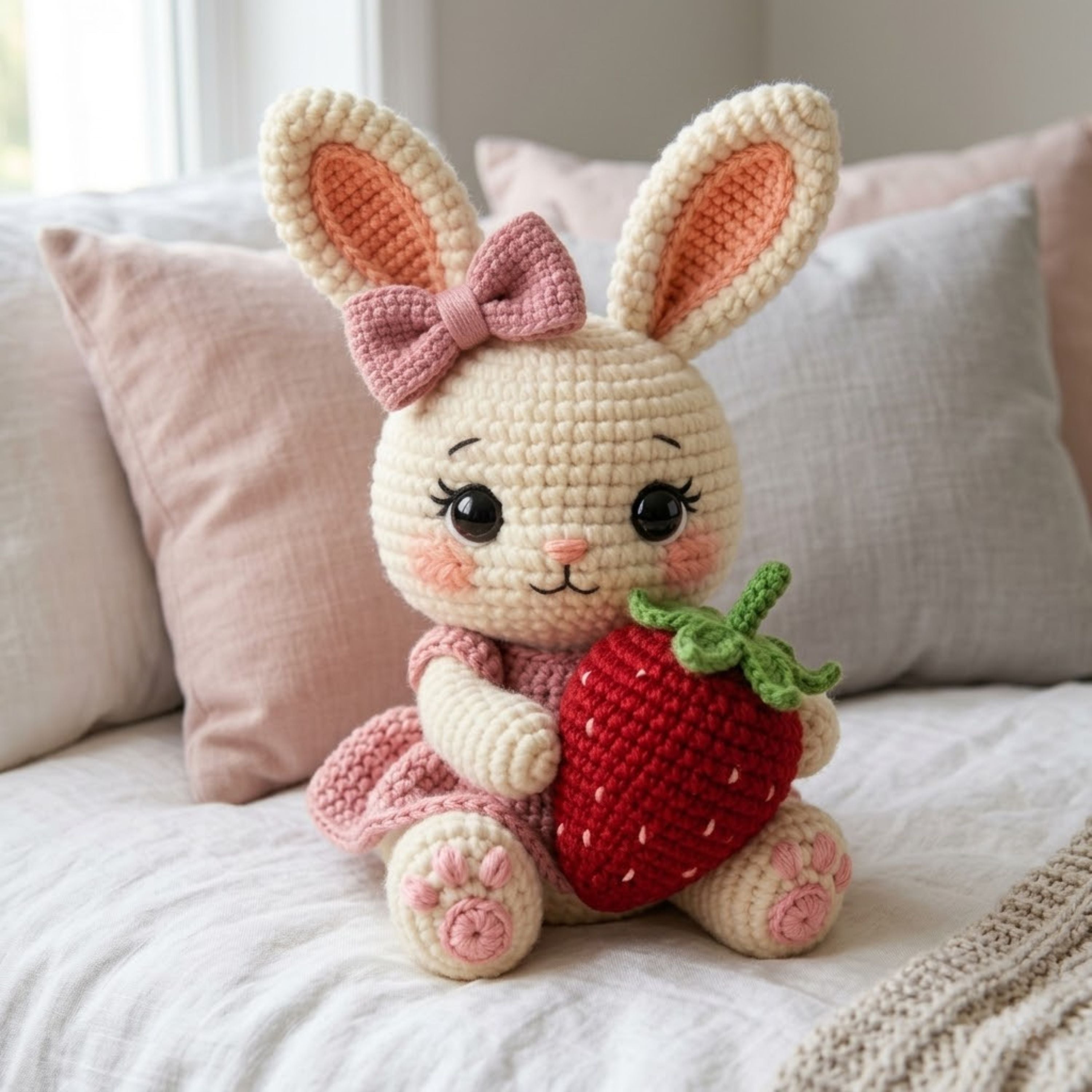 Crochet Strawberry Bunny Plush Handmade Amigurumi Rabbit Doll with Pink Bow and Berry, Cute Nursery Decor Gift for Baby Kids Collectors Toys