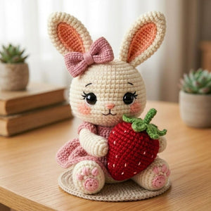 Crochet Strawberry Bunny Plush Handmade Amigurumi Rabbit Doll with Pink Bow and Berry, Cute Nursery Decor Gift for Baby Kids Collectors Toys