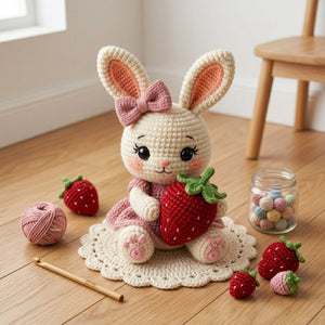 Crochet Strawberry Bunny Plush Handmade Amigurumi Rabbit Doll with Pink Bow and Berry, Cute Nursery Decor Gift for Baby Kids Collectors Toys
