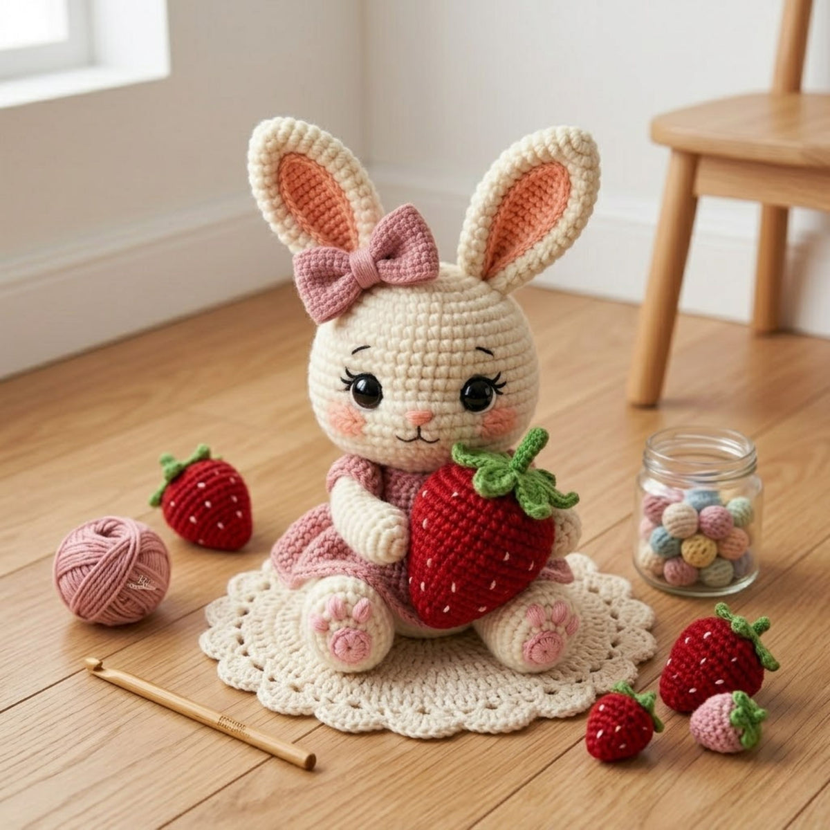 Crochet Strawberry Bunny Plush Handmade Amigurumi Rabbit Doll with Pink Bow and Berry, Cute Nursery Decor Gift for Baby Kids Collectors Toys