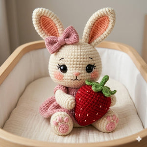 Crochet Strawberry Bunny Plush Handmade Amigurumi Rabbit Doll with Pink Bow and Berry, Cute Nursery Decor Gift for Baby Kids Collectors Toys