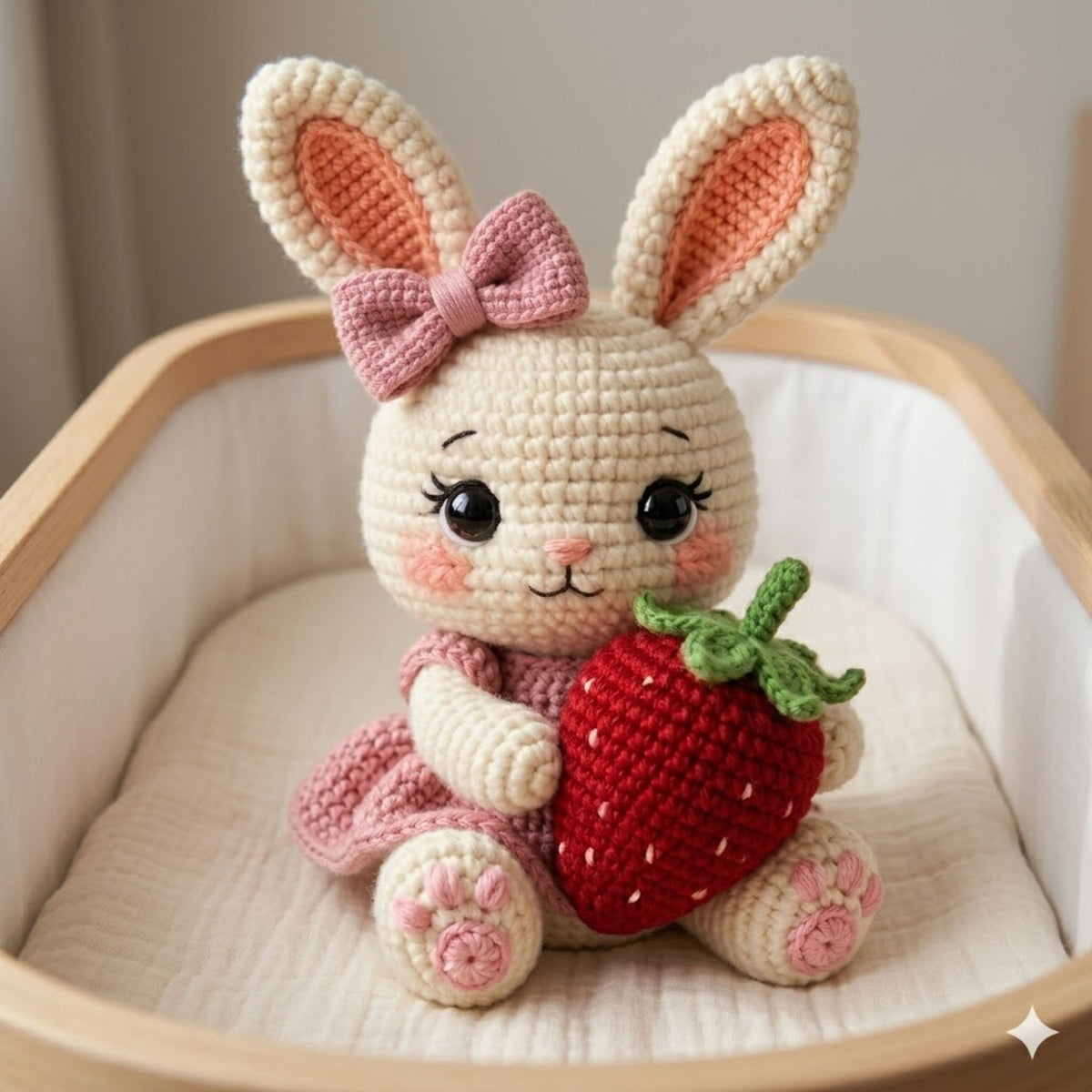 Crochet Strawberry Bunny Plush Handmade Amigurumi Rabbit Doll with Pink Bow and Berry, Cute Nursery Decor Gift for Baby Kids Collectors Toys