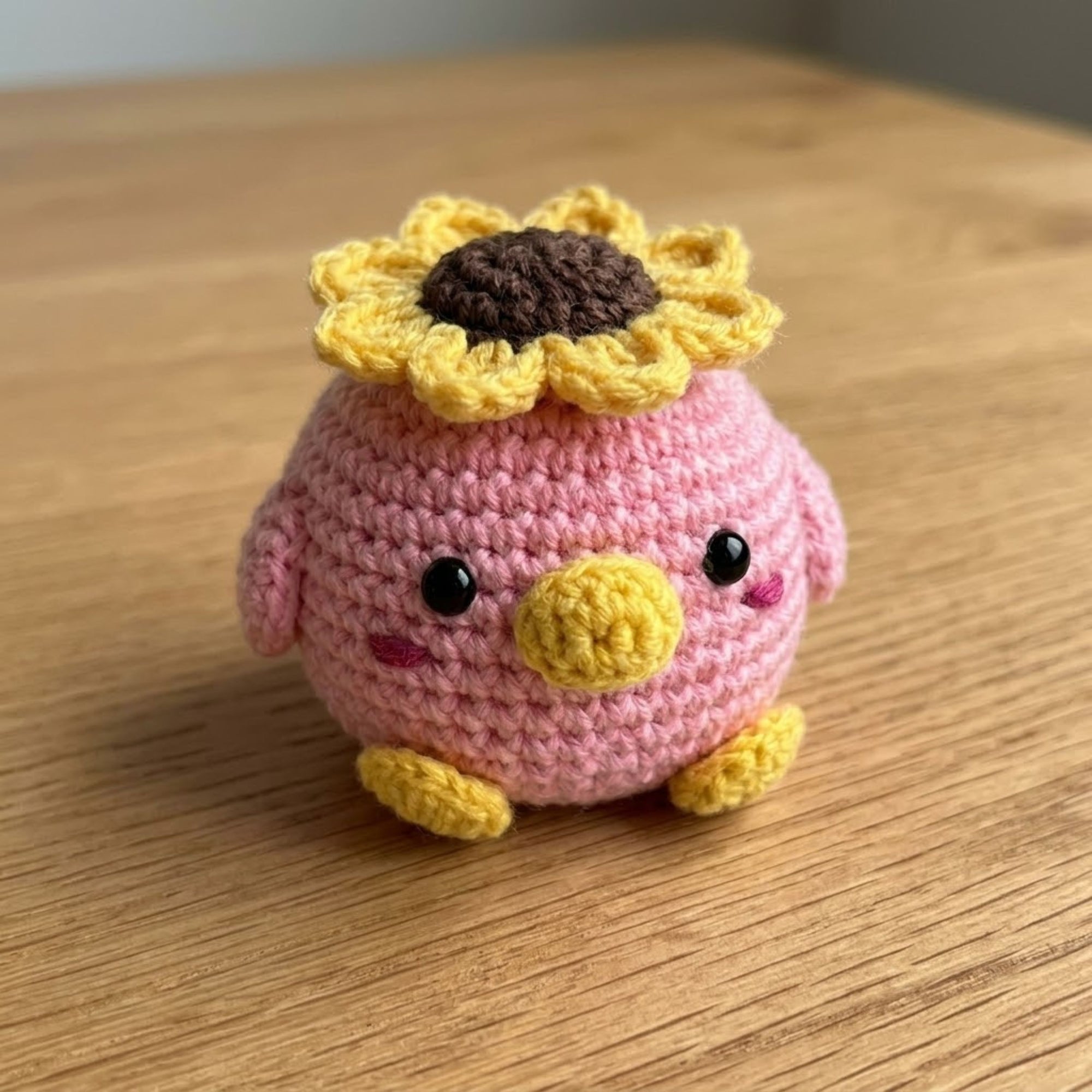 Crochet Sunflower Chick Plush, Handmade Amigurumi Pink Bird Doll with Flower Hat, Cute Nursery Decor Gift for Baby Kids Collectors Toy Decor