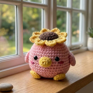 Crochet Sunflower Chick Plush, Handmade Amigurumi Pink Bird Doll with Flower Hat, Cute Nursery Decor Gift for Baby Kids Collectors Toy Decor