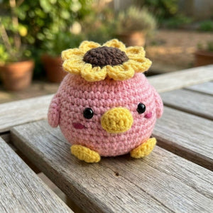 Crochet Sunflower Chick Plush, Handmade Amigurumi Pink Bird Doll with Flower Hat, Cute Nursery Decor Gift for Baby Kids Collectors Toy Decor
