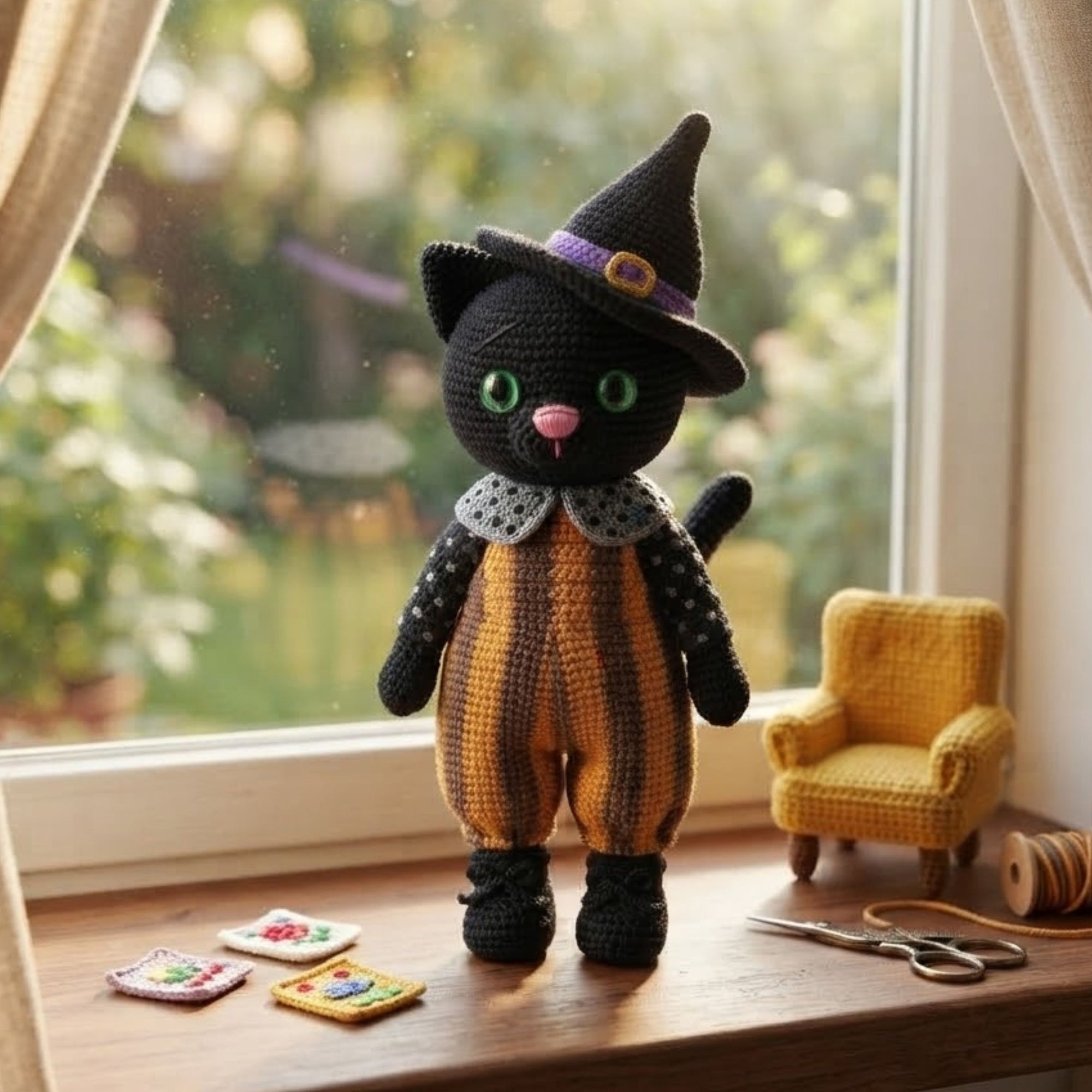 Crochet Witch Cat Plush, Handmade Amigurumi Black Cat Doll with Hat, Cute Halloween Nursery Decor Gift for Kids Collectors Shelf Toy Display