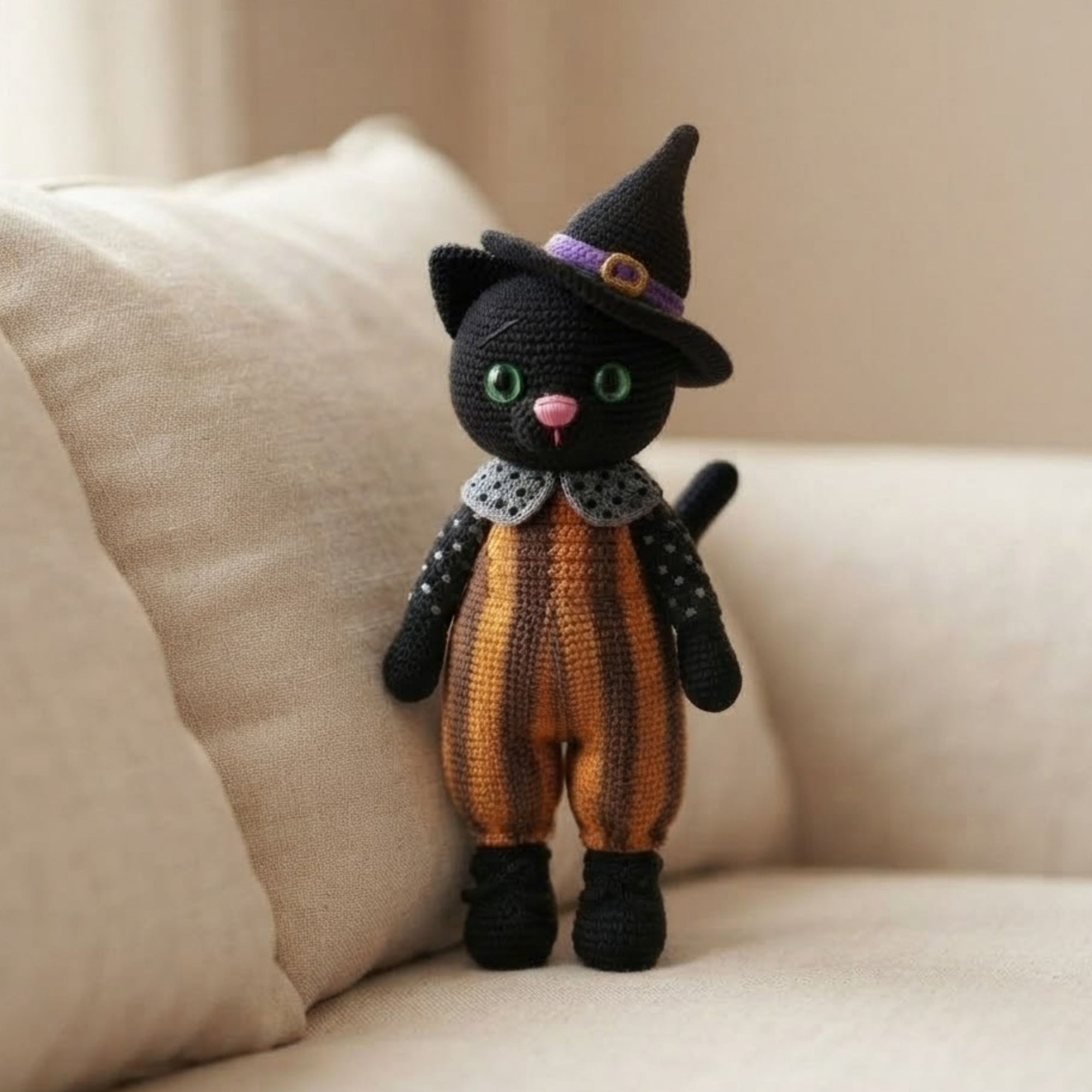 Crochet Witch Cat Plush, Handmade Amigurumi Black Cat Doll with Hat, Cute Halloween Nursery Decor Gift for Kids Collectors Shelf Toy Display