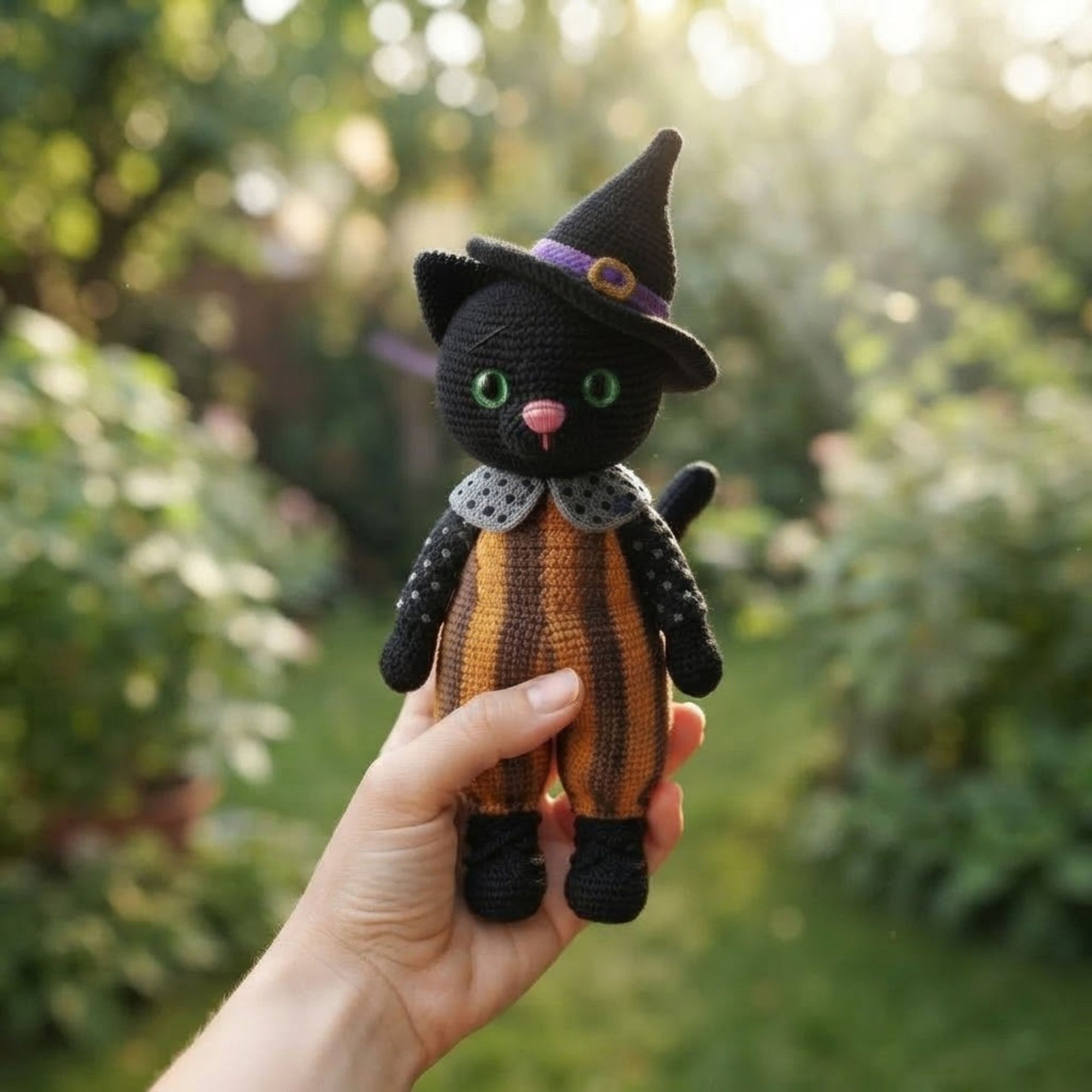 Crochet Witch Cat Plush, Handmade Amigurumi Black Cat Doll with Hat, Cute Halloween Nursery Decor Gift for Kids Collectors Shelf Toy Display