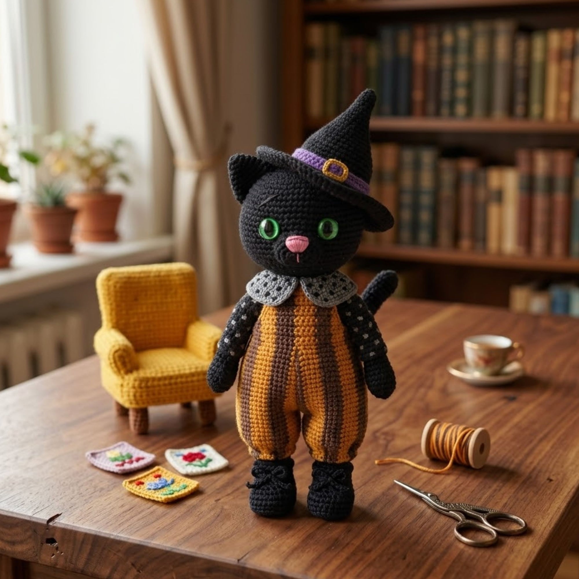 Crochet Witch Cat Plush, Handmade Amigurumi Black Cat Doll with Hat, Cute Halloween Nursery Decor Gift for Kids Collectors Shelf Toy Display