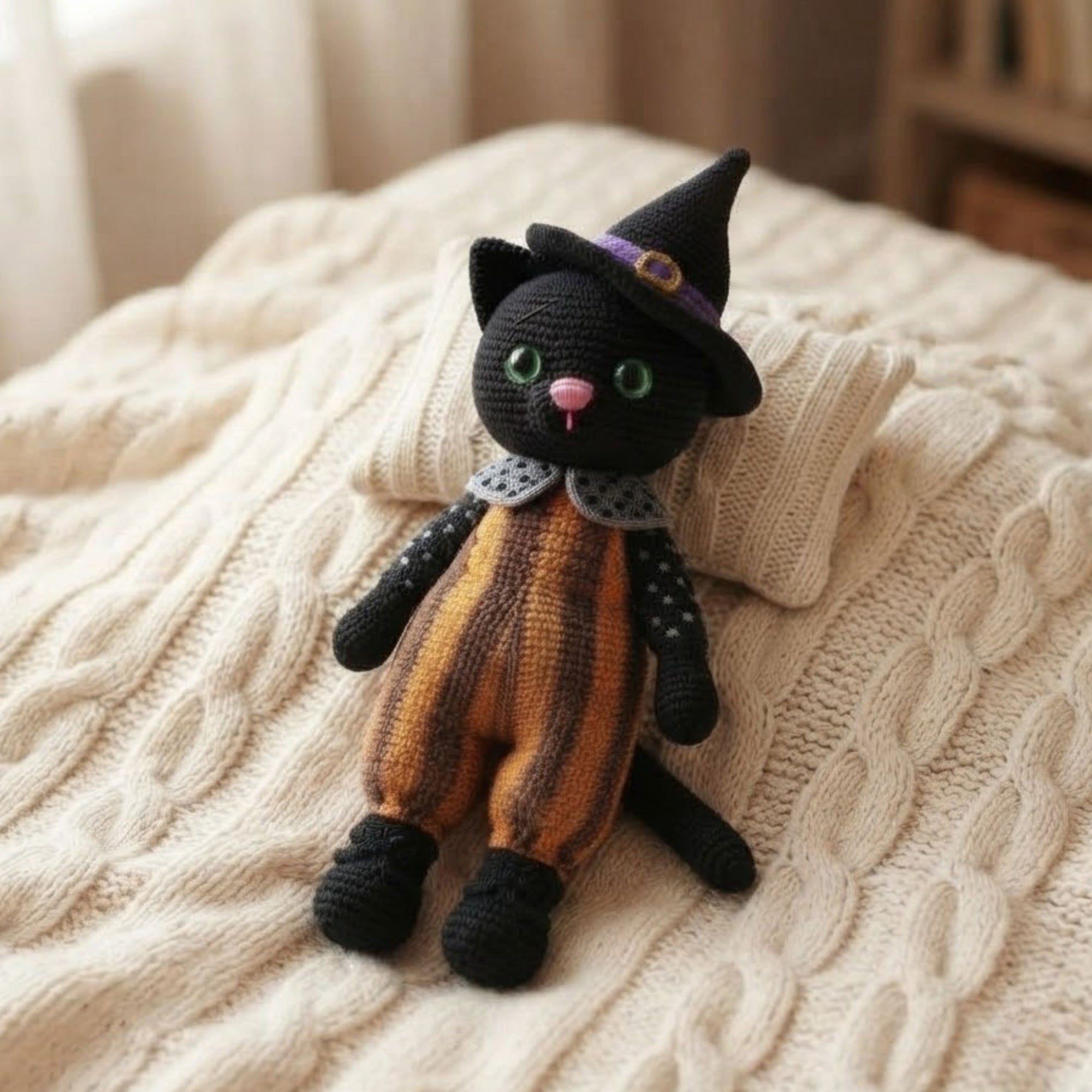 Crochet Witch Cat Plush, Handmade Amigurumi Black Cat Doll with Hat, Cute Halloween Nursery Decor Gift for Kids Collectors Shelf Toy Display