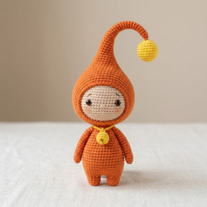 Crochet Orange Gnome Plush, Handmade Amigurumi Elf Doll with Curved Hat Yellow Pom, Cute Nursery Decor Gift for Baby Kids Collectors Toy Set
