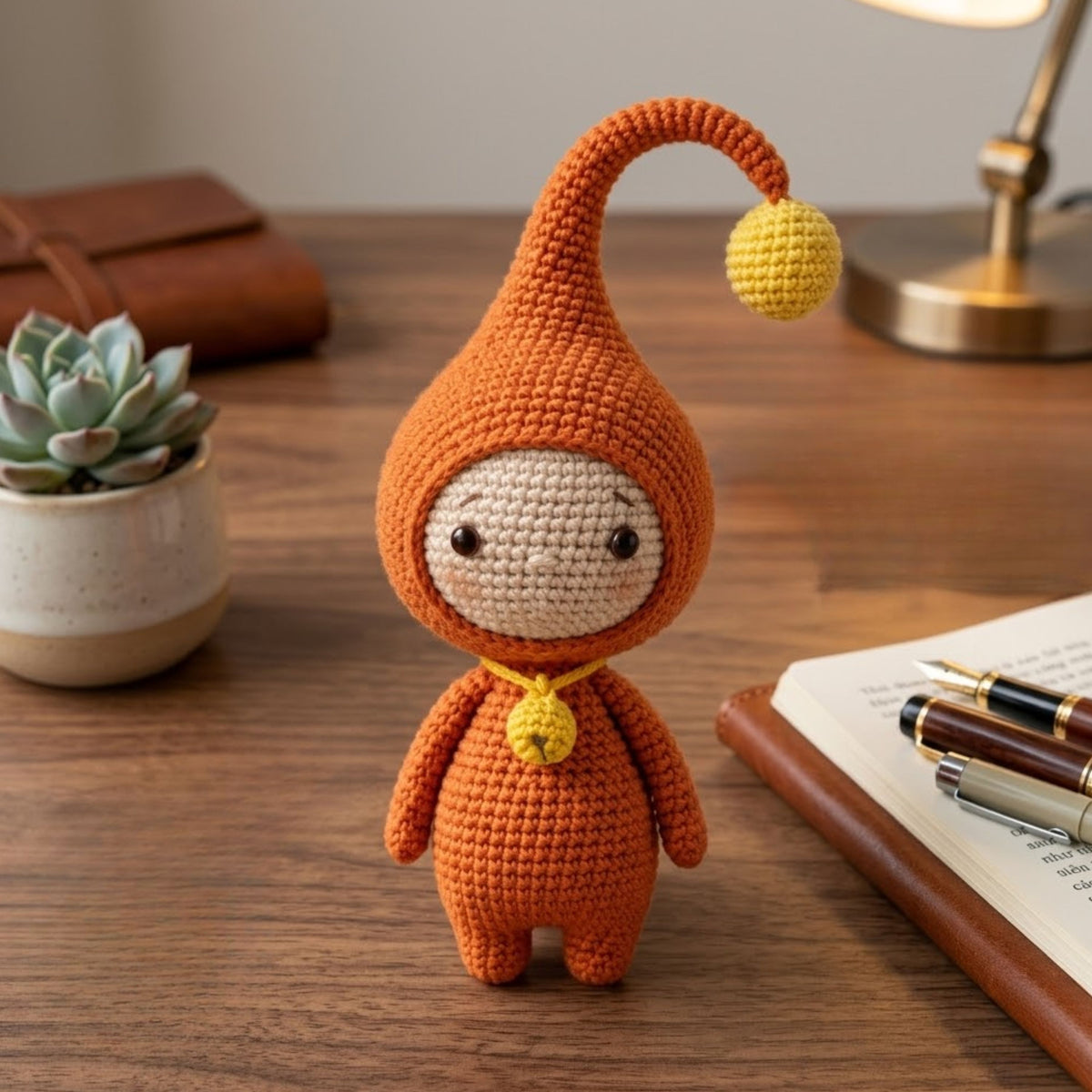 Crochet Orange Gnome Plush, Handmade Amigurumi Elf Doll with Curved Hat Yellow Pom, Cute Nursery Decor Gift for Baby Kids Collectors Toy Set