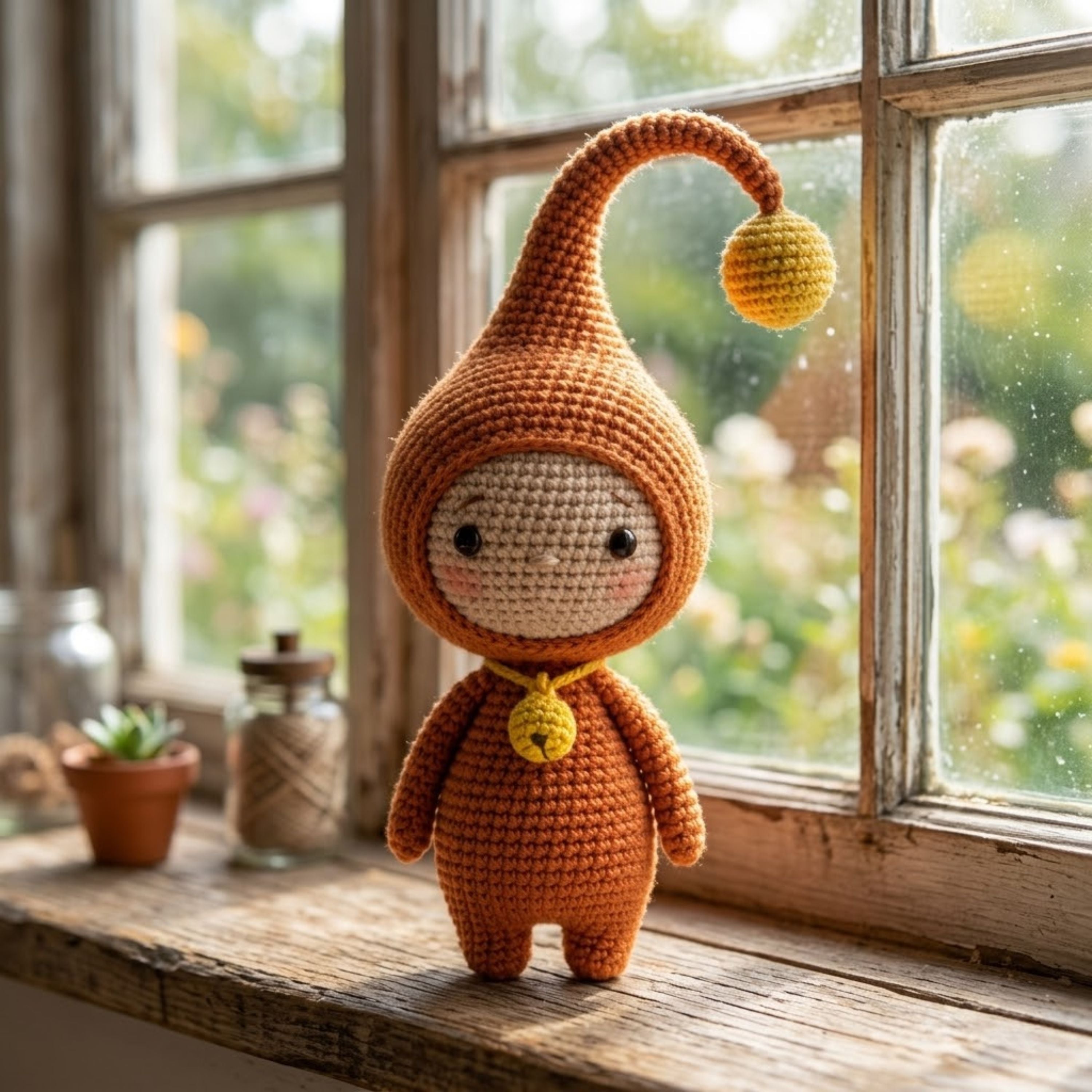 Crochet Orange Gnome Plush, Handmade Amigurumi Elf Doll with Curved Hat Yellow Pom, Cute Nursery Decor Gift for Baby Kids Collectors Toy Set