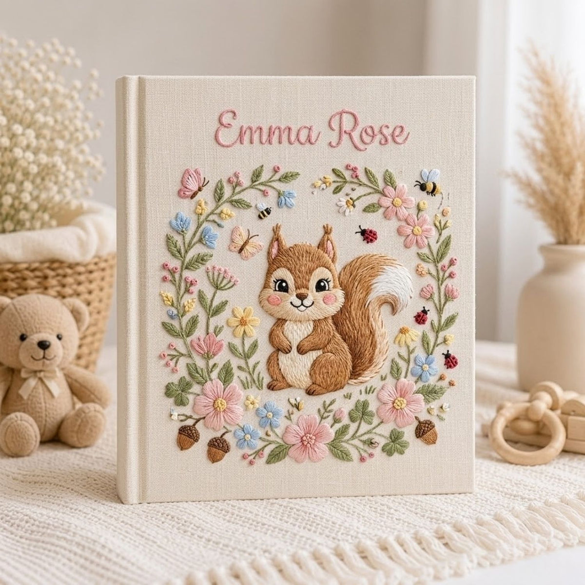 Hand Embroidered Baby Photo Album, Personalized Baby Album, Custom Baby Memory Book, Woodland Squirrel Keepsake, Baby Shower Gift