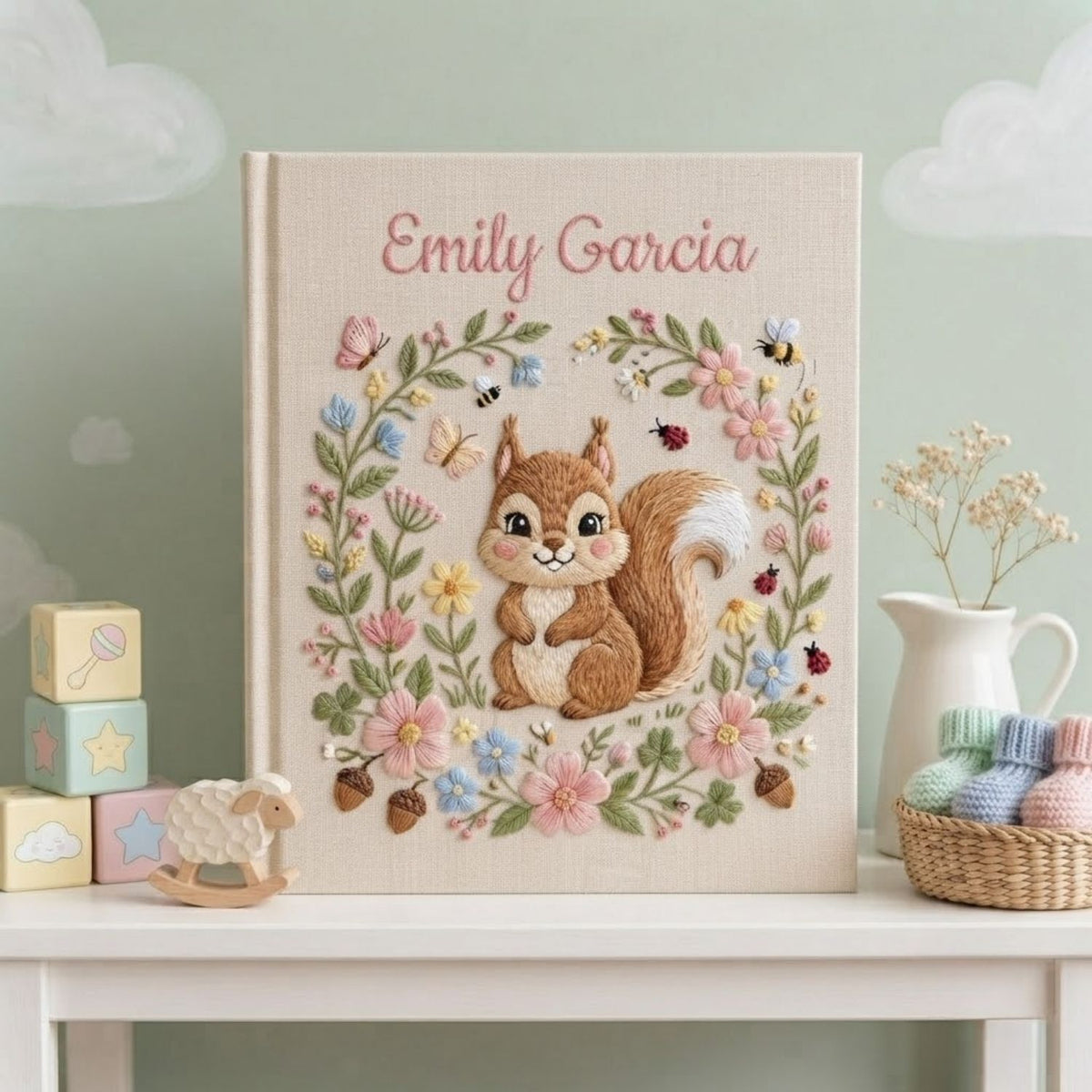 Hand Embroidered Baby Photo Album, Personalized Baby Album, Custom Baby Memory Book, Woodland Squirrel Keepsake, Baby Shower Gift