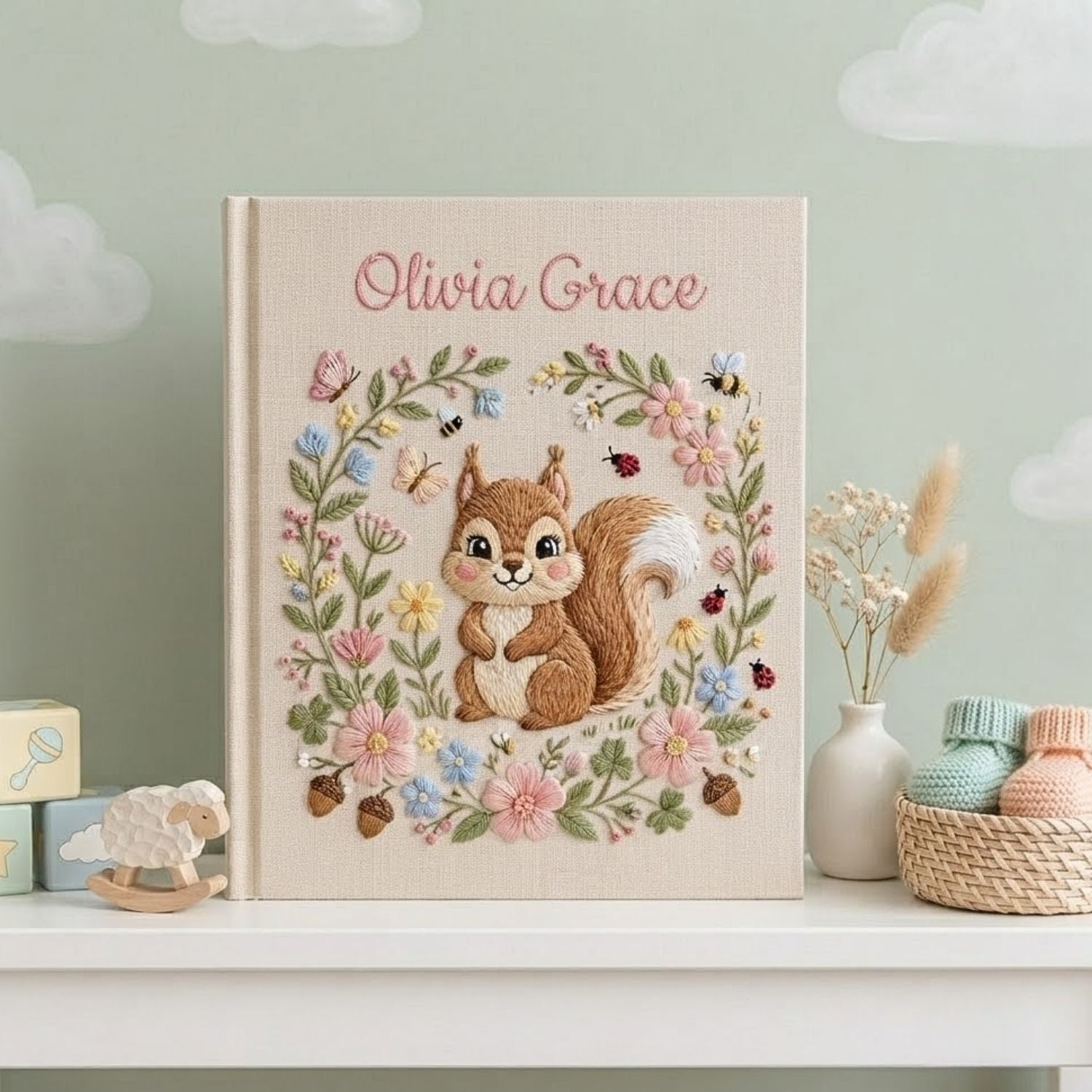 Hand Embroidered Baby Photo Album, Personalized Baby Album, Custom Baby Memory Book, Woodland Squirrel Keepsake, Baby Shower Gift