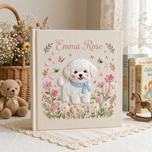 Hand Embroidered Baby Photo Album, Personalized Puppy Baby Book, Custom Name Dog Floral Nursery Keepsake, Baby Shower Gift