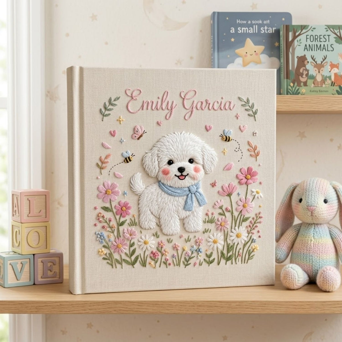 Hand Embroidered Baby Photo Album, Personalized Puppy Baby Book, Custom Name Dog Floral Nursery Keepsake, Baby Shower Gift