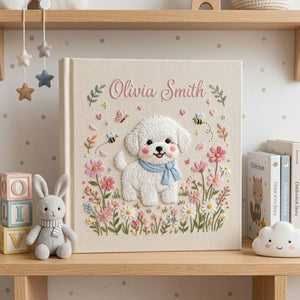 Hand Embroidered Baby Photo Album, Personalized Puppy Baby Book, Custom Name Dog Floral Nursery Keepsake, Baby Shower Gift