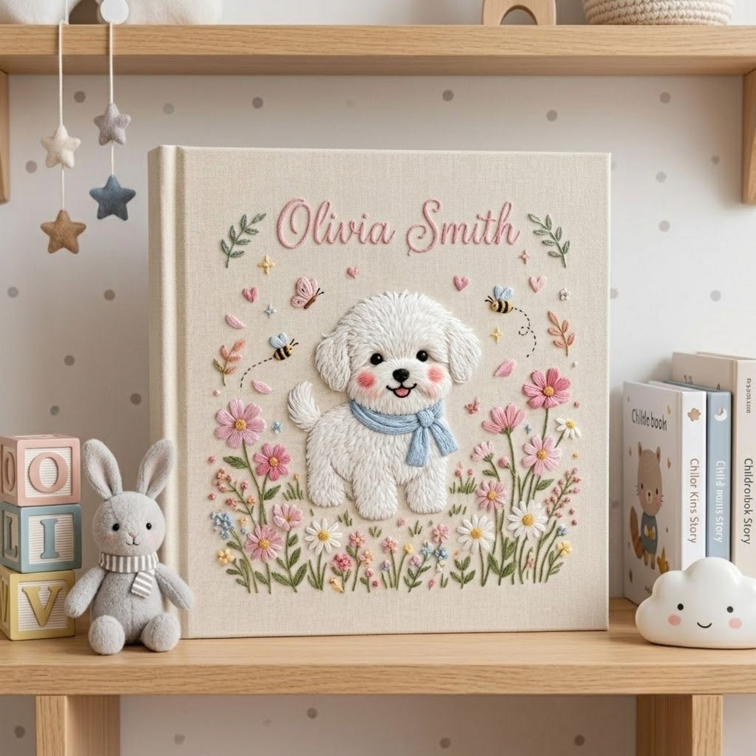 Hand Embroidered Baby Photo Album, Personalized Puppy Baby Book, Custom Name Dog Floral Nursery Keepsake, Baby Shower Gift