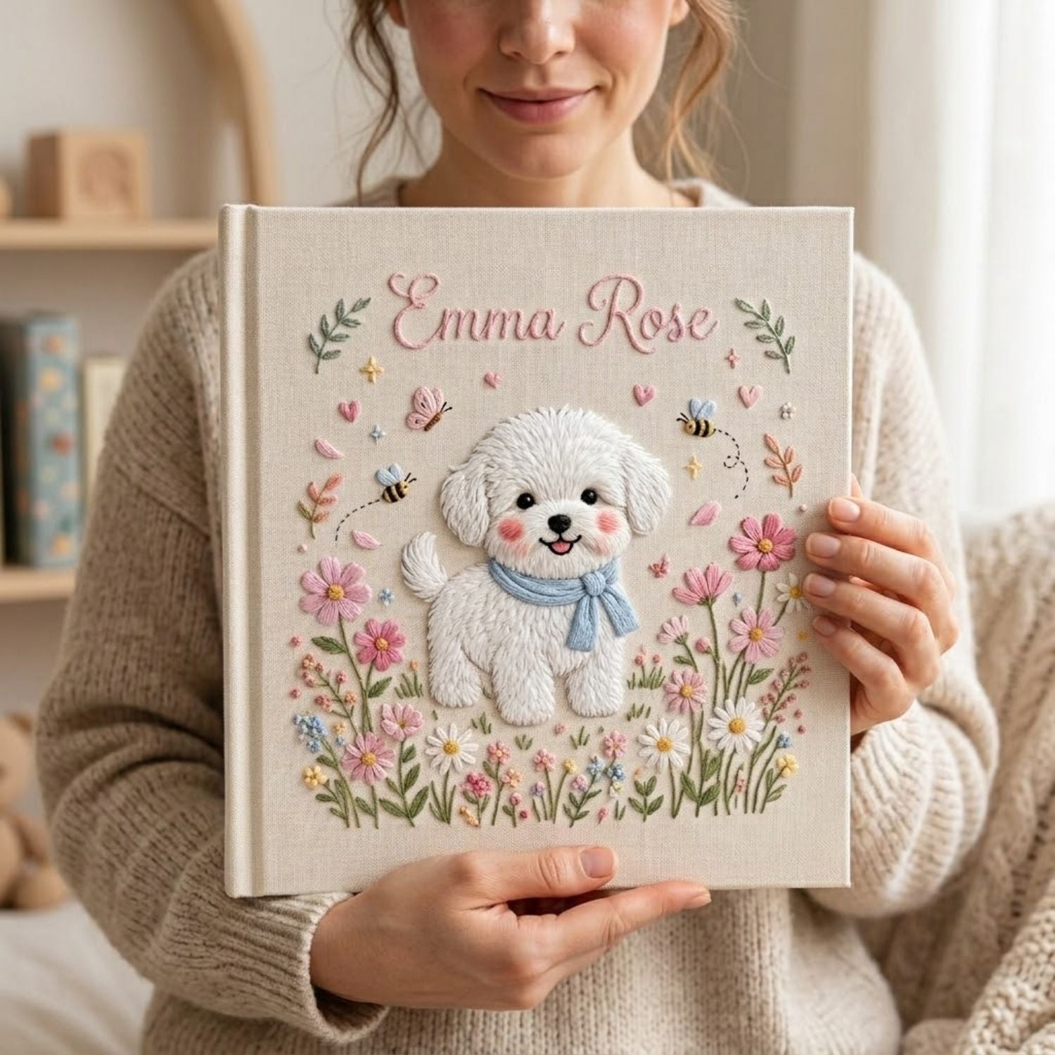 Hand Embroidered Baby Photo Album, Personalized Puppy Baby Book, Custom Name Dog Floral Nursery Keepsake, Baby Shower Gift