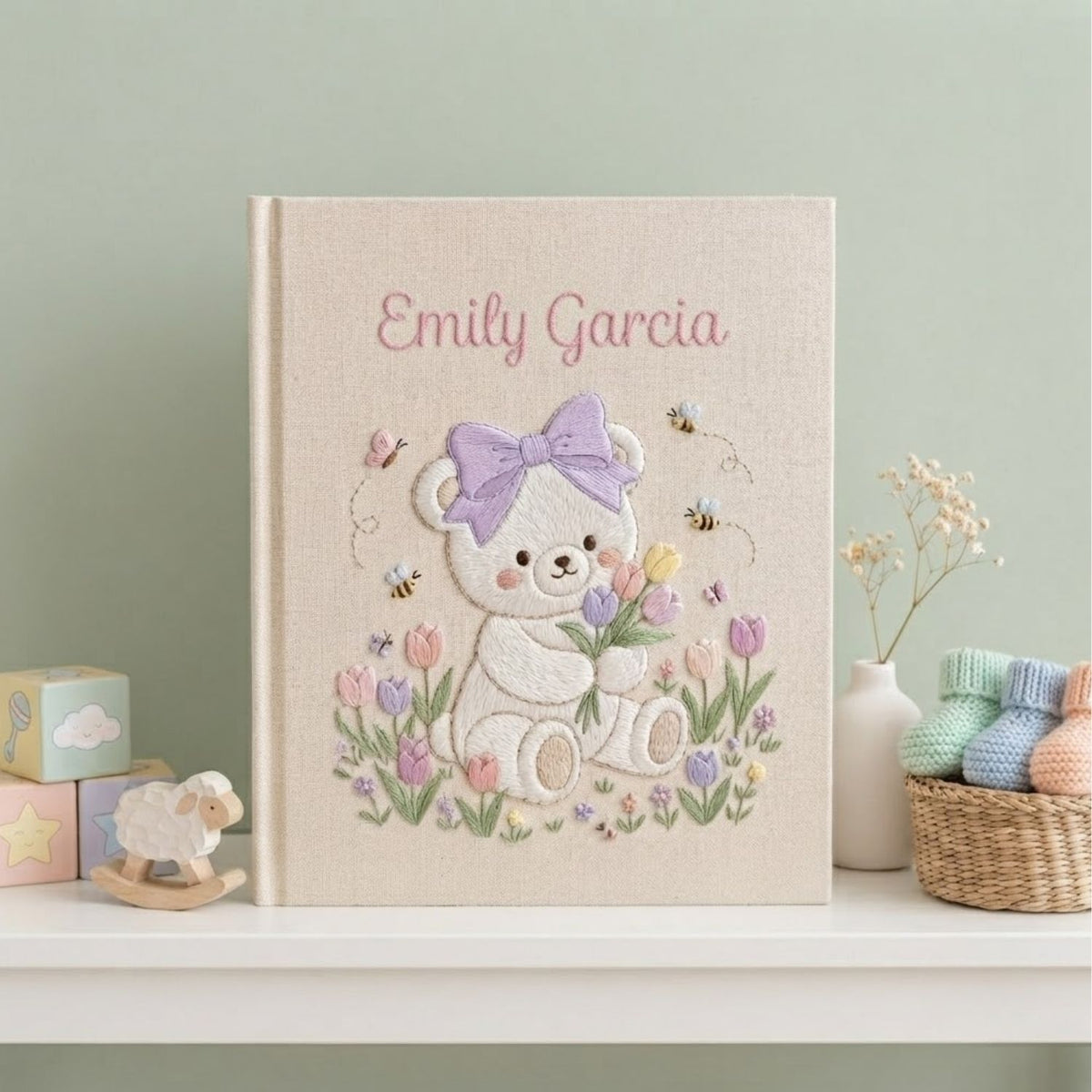 Hand Embroidered Baby Photo Album, Personalized Teddy Bear Baby Book, Custom Name Bow Bear Floral Nursery Keepsake, Baby Shower Gift