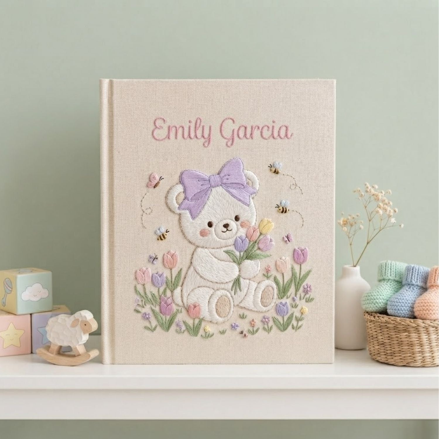 Hand Embroidered Baby Photo Album, Personalized Teddy Bear Baby Book, Custom Name Bow Bear Floral Nursery Keepsake, Baby Shower Gift