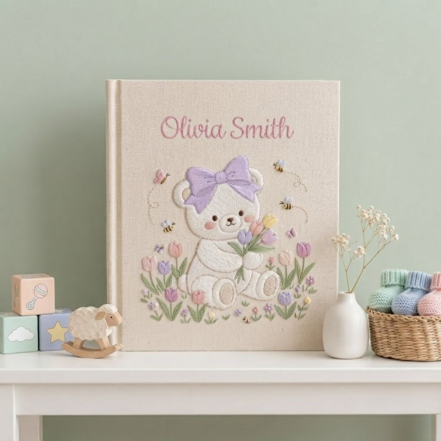 Hand Embroidered Baby Photo Album, Personalized Teddy Bear Baby Book, Custom Name Bow Bear Floral Nursery Keepsake, Baby Shower Gift