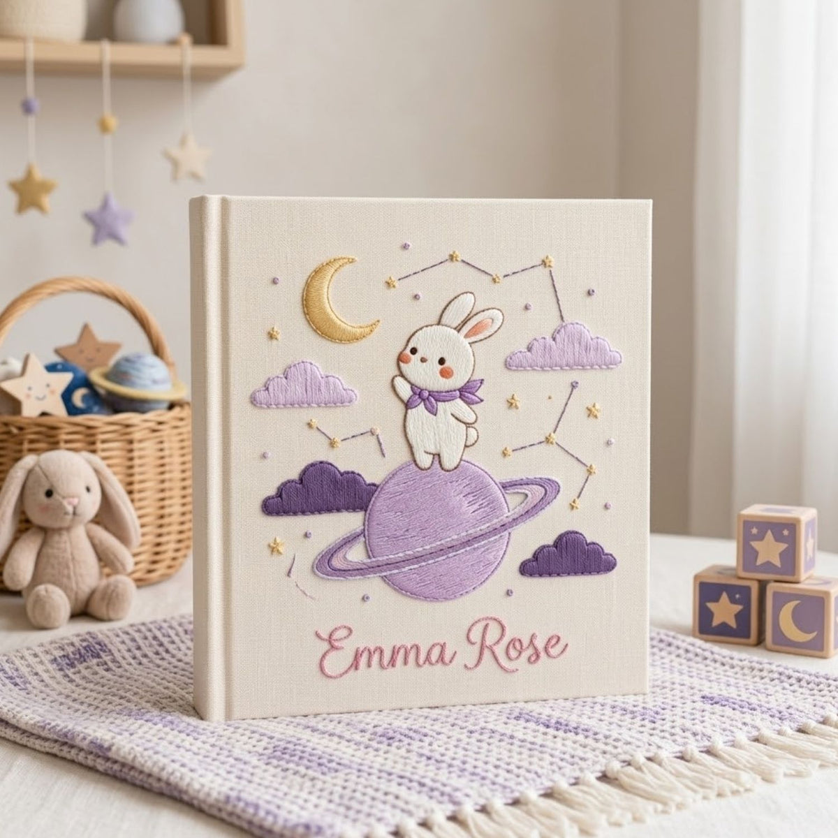 Hand Embroidered Baby Photo Album, Personalized Bunny Space Baby Book, Custom Name Moon Planet Nursery Keepsake, Baby Shower Gift