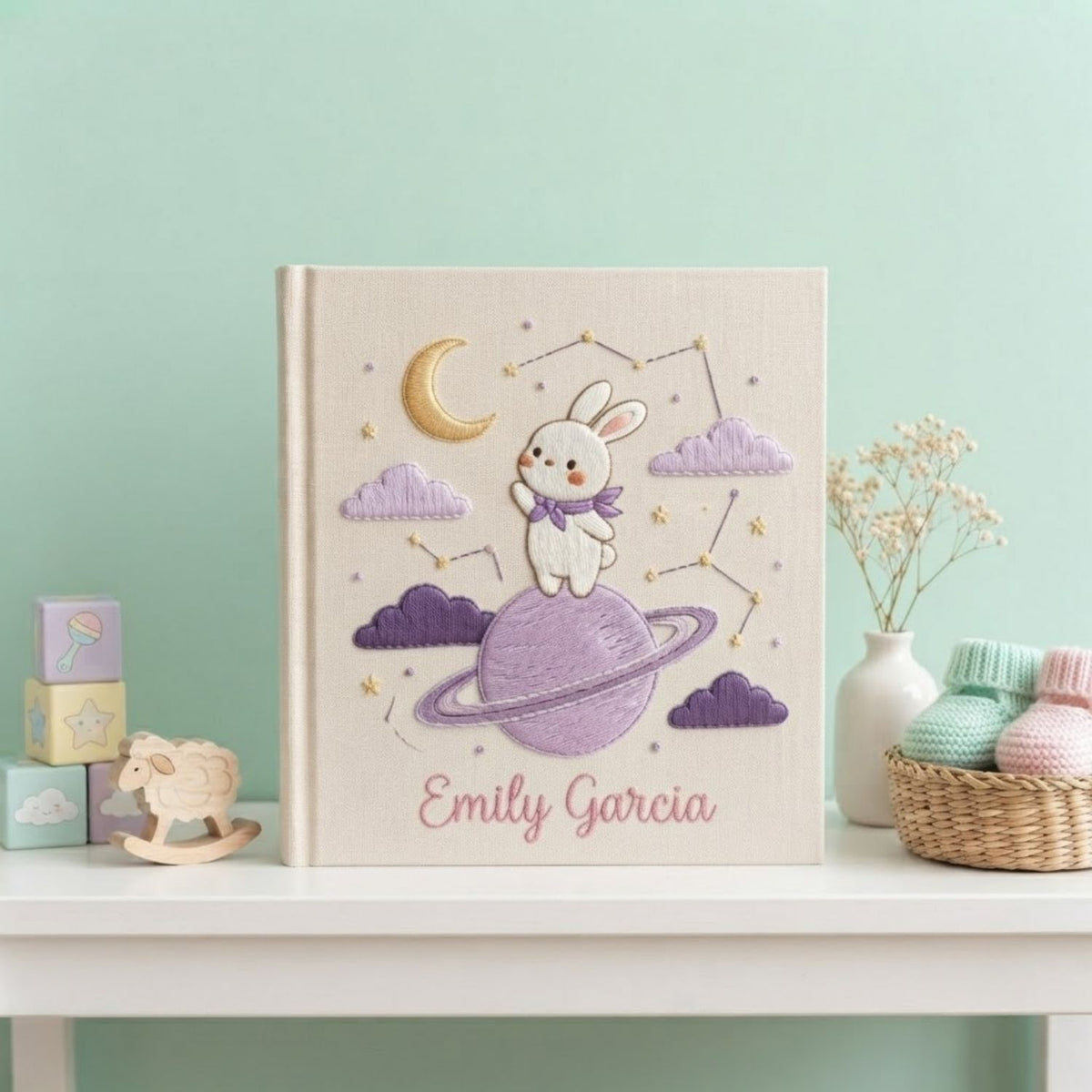 Hand Embroidered Baby Photo Album, Personalized Bunny Space Baby Book, Custom Name Moon Planet Nursery Keepsake, Baby Shower Gift