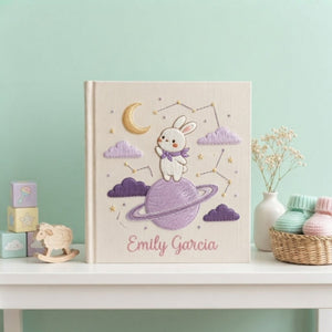 Hand Embroidered Baby Photo Album, Personalized Bunny Space Baby Book, Custom Name Moon Planet Nursery Keepsake, Baby Shower Gift
