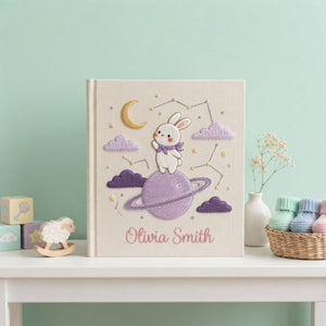 Hand Embroidered Baby Photo Album, Personalized Bunny Space Baby Book, Custom Name Moon Planet Nursery Keepsake, Baby Shower Gift