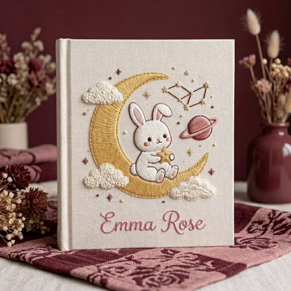 Hand Embroidered Baby Photo Album, Personalized Bunny Moon Baby Book, Custom Name Celestial Nursery Keepsake, Baby Shower Gift