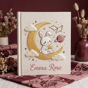 Hand Embroidered Baby Photo Album, Personalized Bunny Moon Baby Book, Custom Name Celestial Nursery Keepsake, Baby Shower Gift