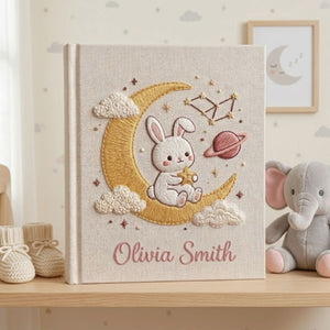 Hand Embroidered Baby Photo Album, Personalized Bunny Moon Baby Book, Custom Name Celestial Nursery Keepsake, Baby Shower Gift