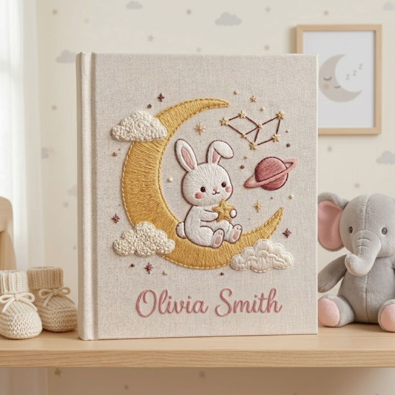 Hand Embroidered Baby Photo Album, Personalized Bunny Moon Baby Book, Custom Name Celestial Nursery Keepsake, Baby Shower Gift